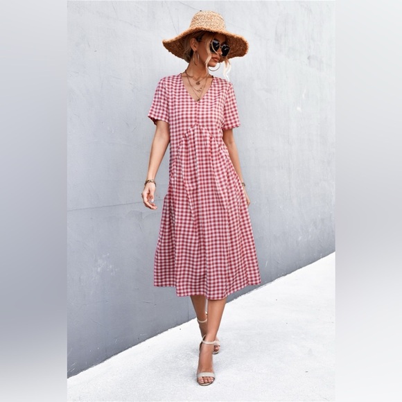 Plaid V-Neck Short Sleeve Dress - Picture 1 of 6